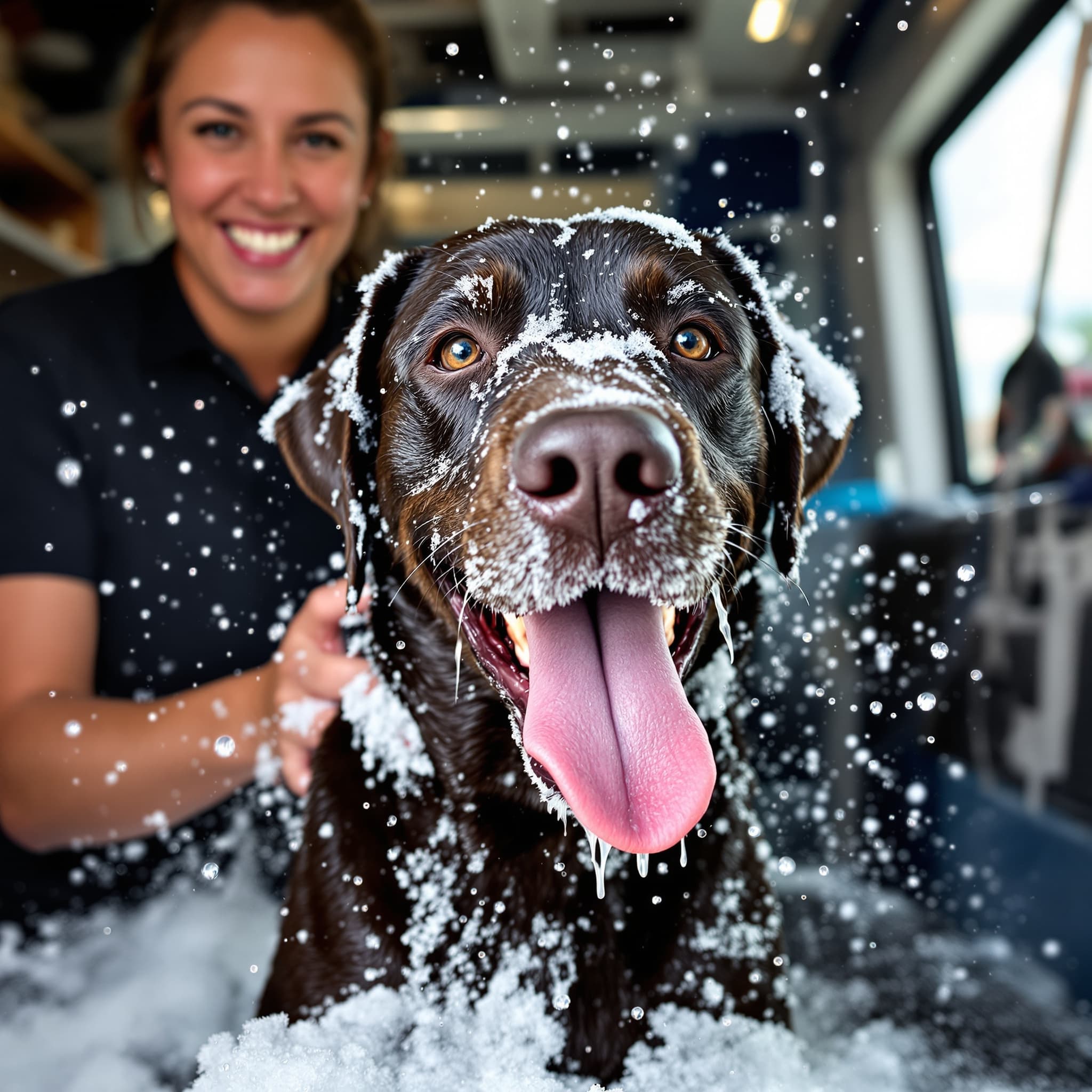 Happy labrador mid-bath tongue out Miami grooming van