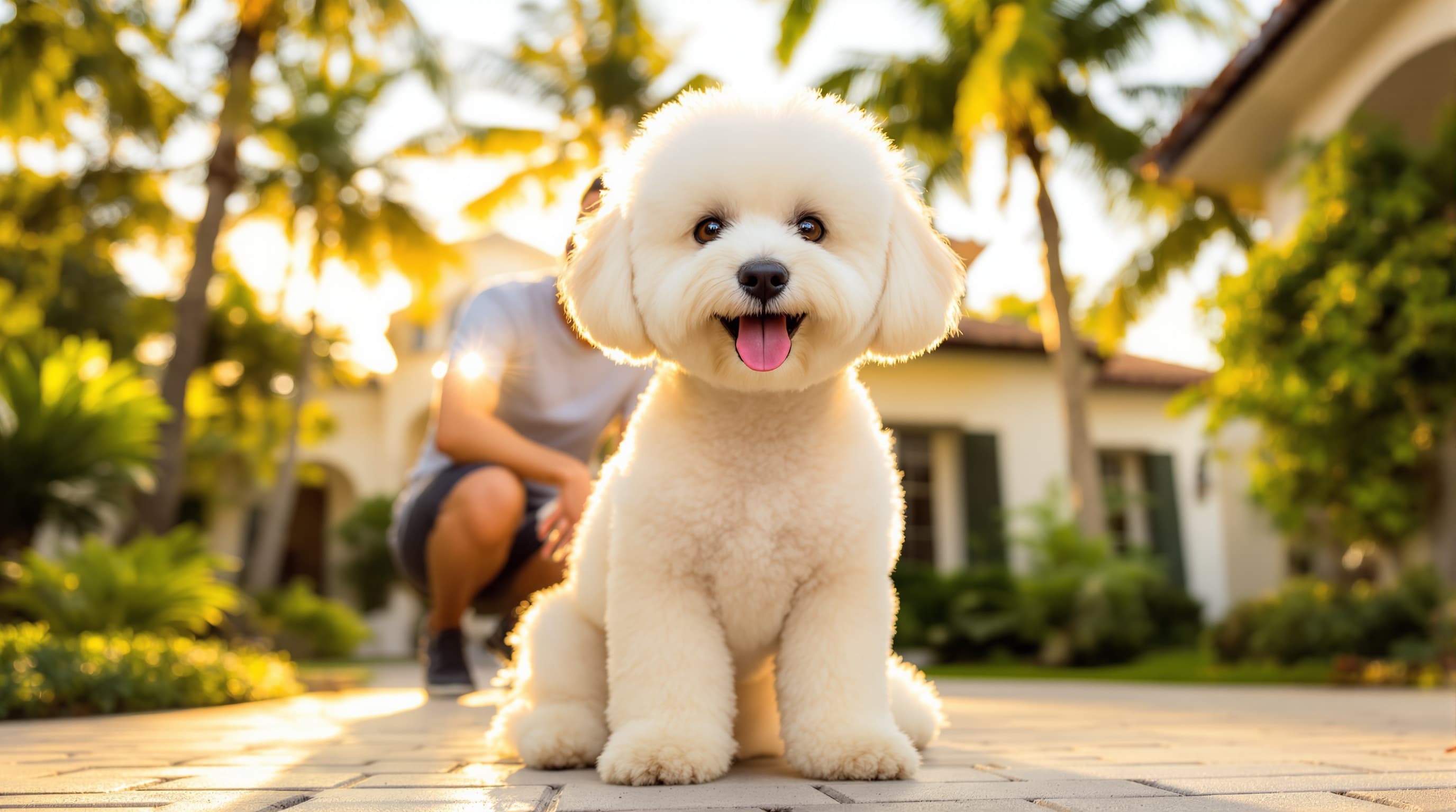 Freshly groomed bichon frise Coral Gables Miami golden hour