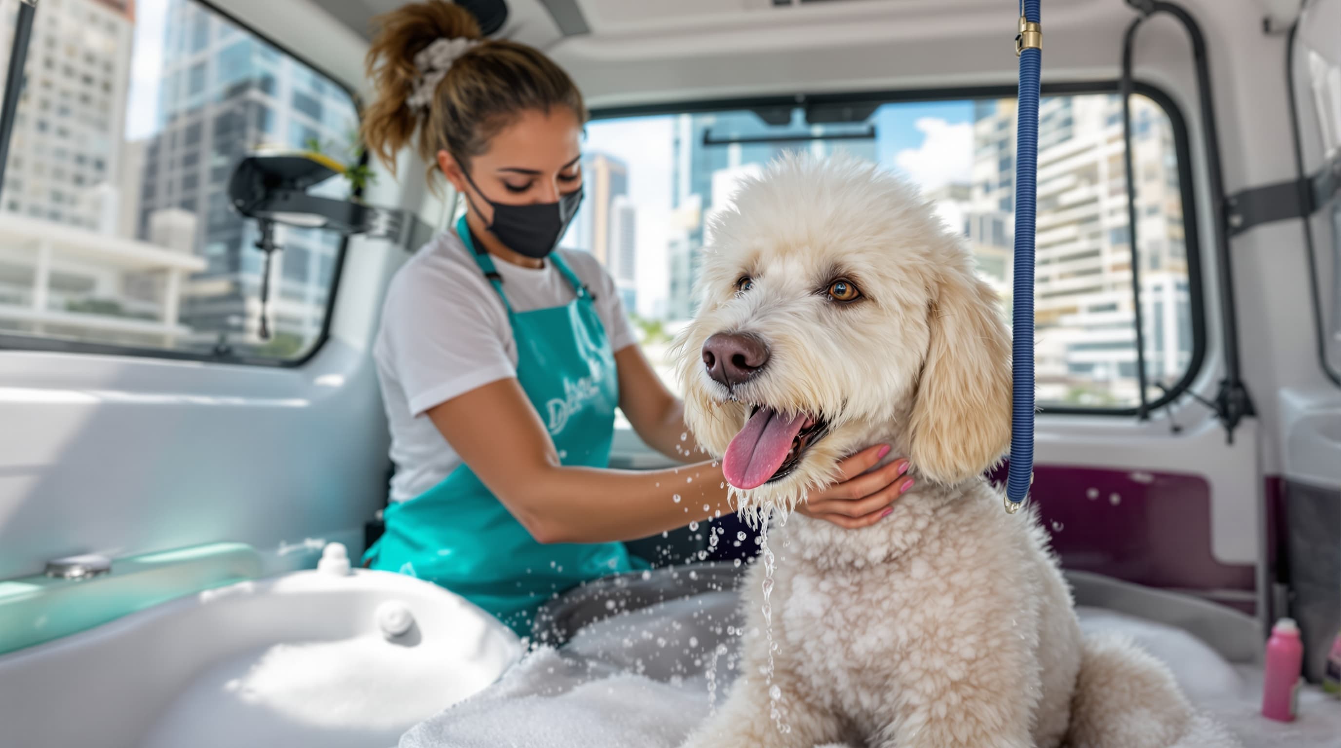 Mobile dog grooming Miami — groomer bathing happy poodle in van