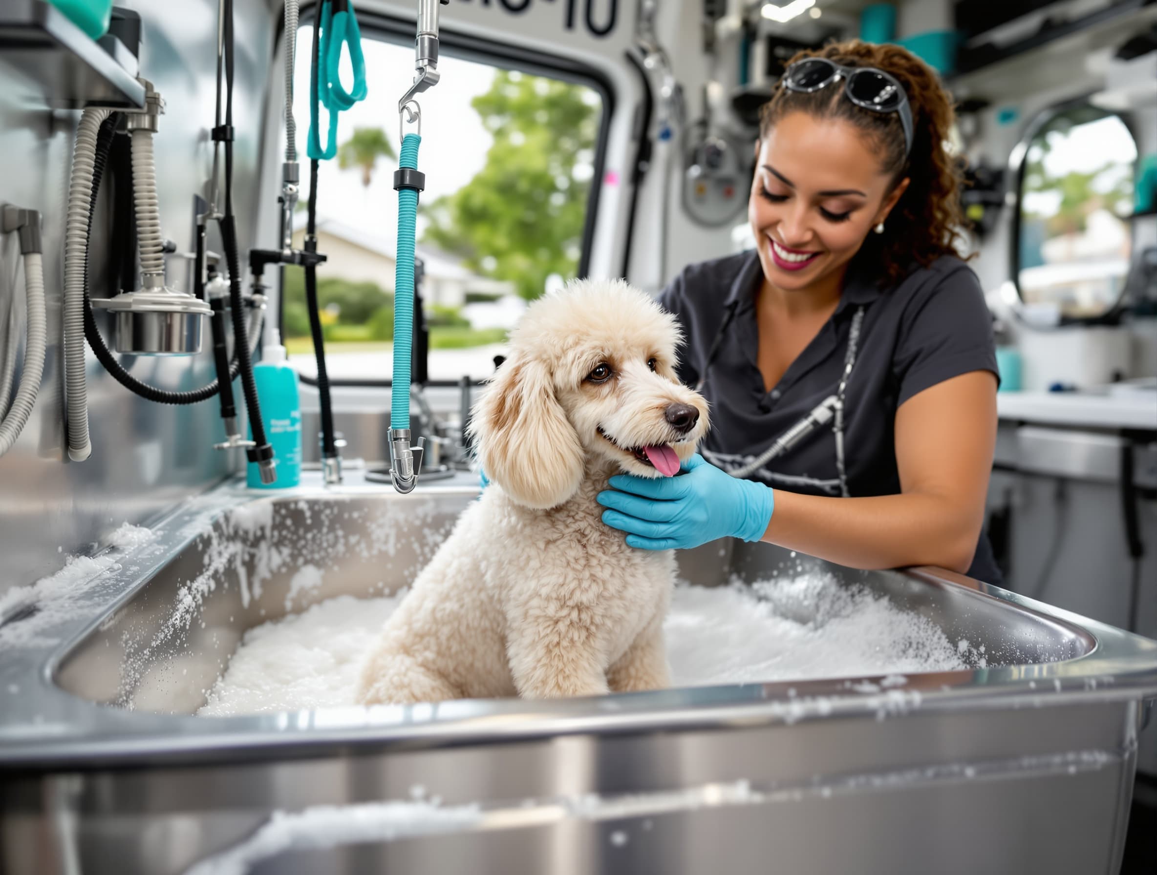Small white dog getting a bath in the tub of a mobile grooming van in Miami